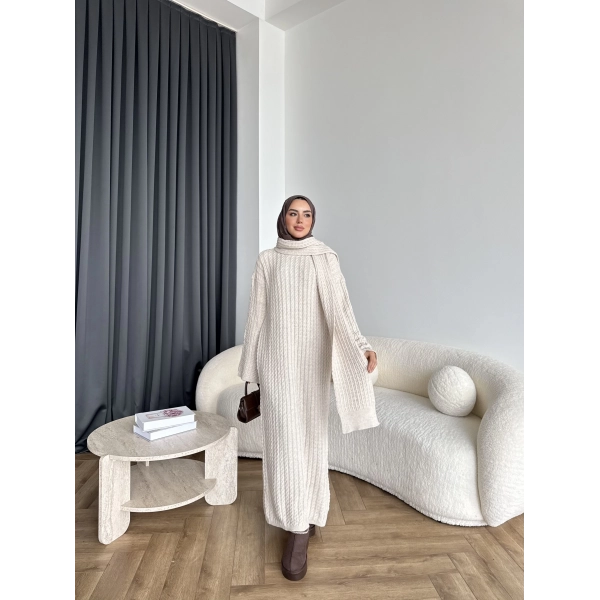 Pln-Atkı Örgü Triko Elbise - Bej