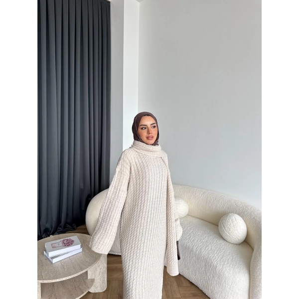 Pln-Atkı Örgü Triko Elbise - Bej