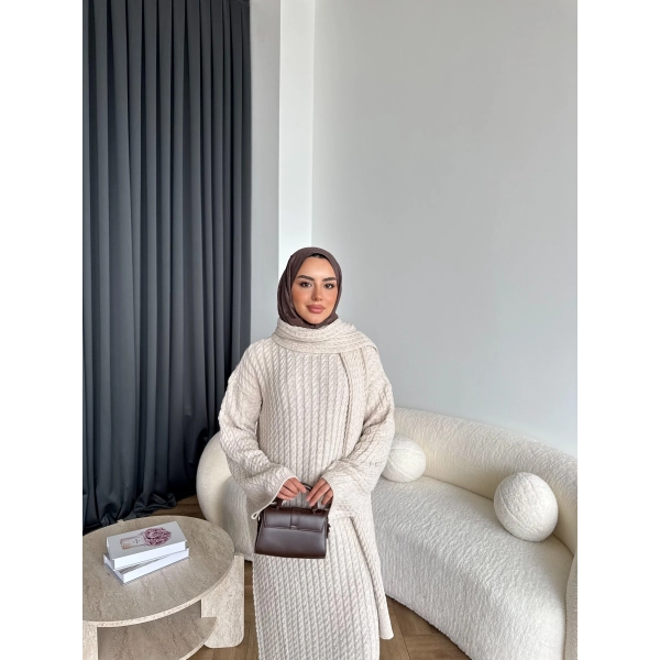 Pln-Atkı Örgü Triko Elbise - Bej