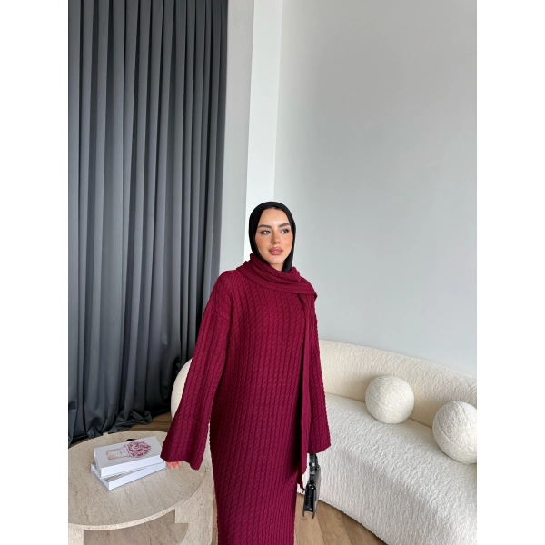 Pln-Atkı Örgü Triko Elbise - Bordo