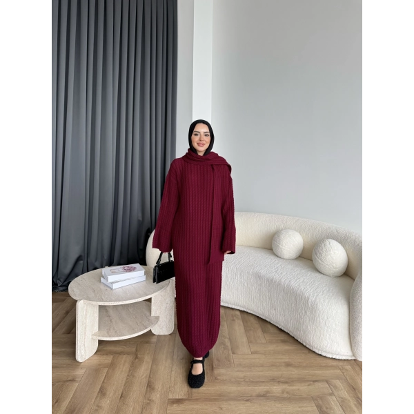 Pln-Atkı Örgü Triko Elbise - Bordo
