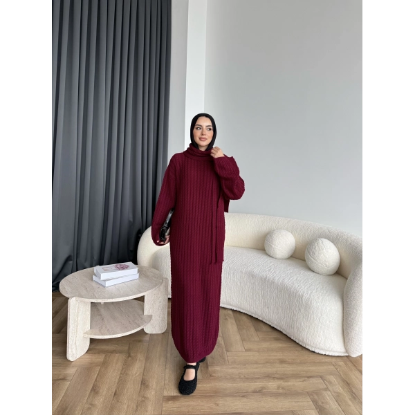 Pln-Atkı Örgü Triko Elbise - Bordo