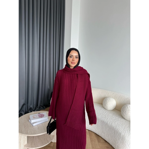 Pln-Atkı Örgü Triko Elbise - Bordo