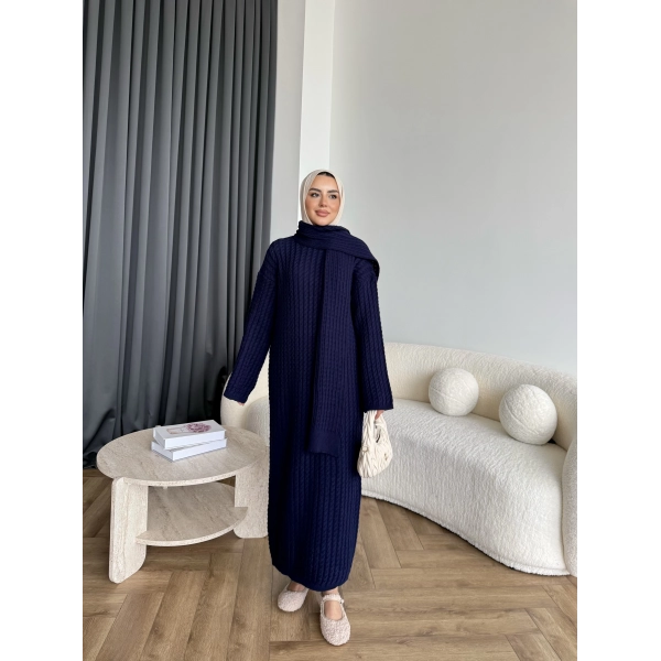Pln-Atkı Örgü Triko Elbise - Lacivert