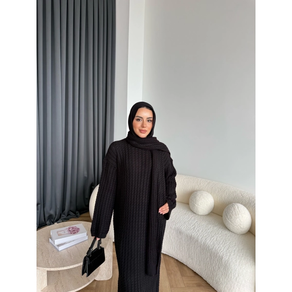 Pln-Atkı Örgü Triko Elbise - Siyah