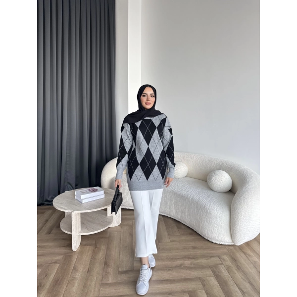 Pls-Baklava Desen Triko Kazak - Gri