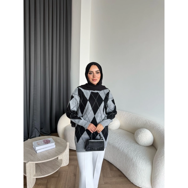 Pls-Baklava Desen Triko Kazak - Gri