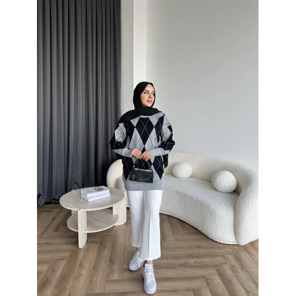 Pls-Baklava Desen Triko Kazak - Gri