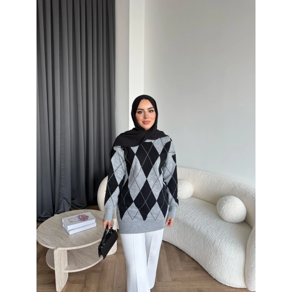 Pls-Baklava Desen Triko Kazak - Gri