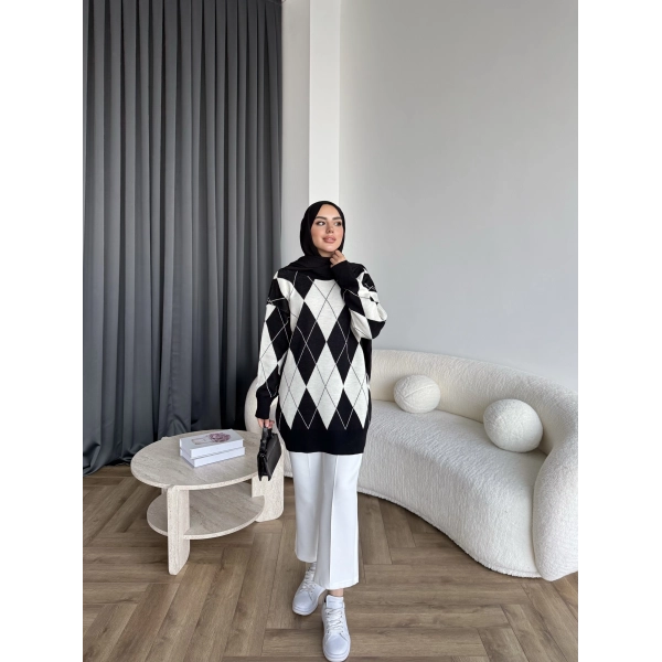 Pls-Baklava Desen Triko Kazak - Siyah