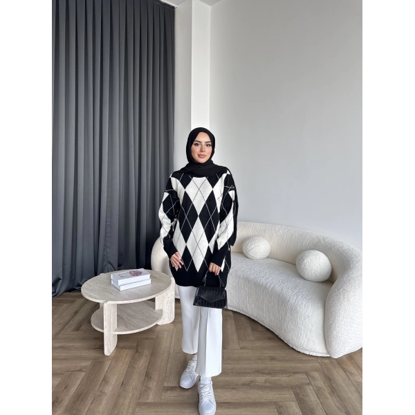 Pls-Baklava Desen Triko Kazak - Siyah