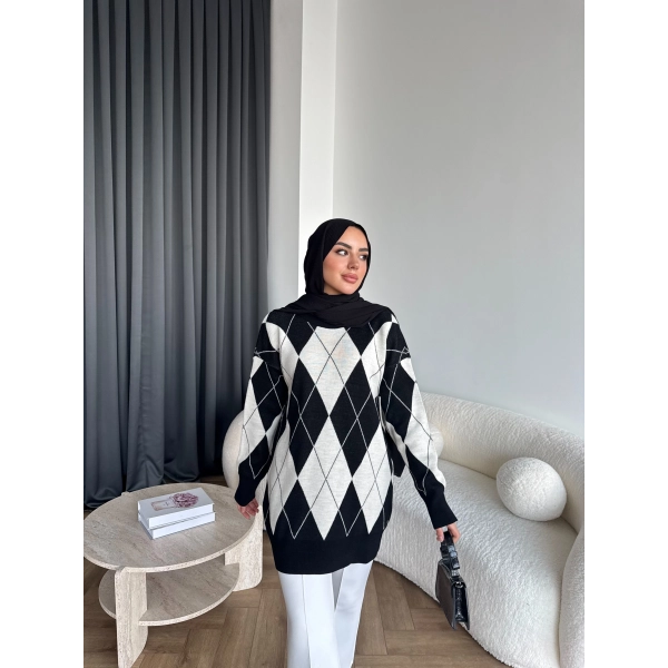 Pls-Baklava Desen Triko Kazak - Siyah