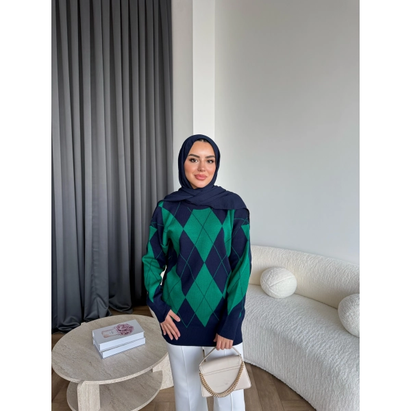 Pls-Baklava Desen Triko Kazak - Yeşil