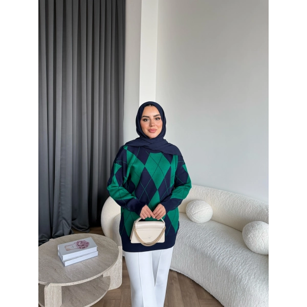 Pls-Baklava Desen Triko Kazak - Yeşil