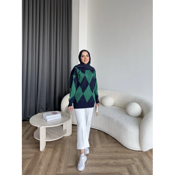 Pls-Baklava Desen Triko Kazak - Yeşil