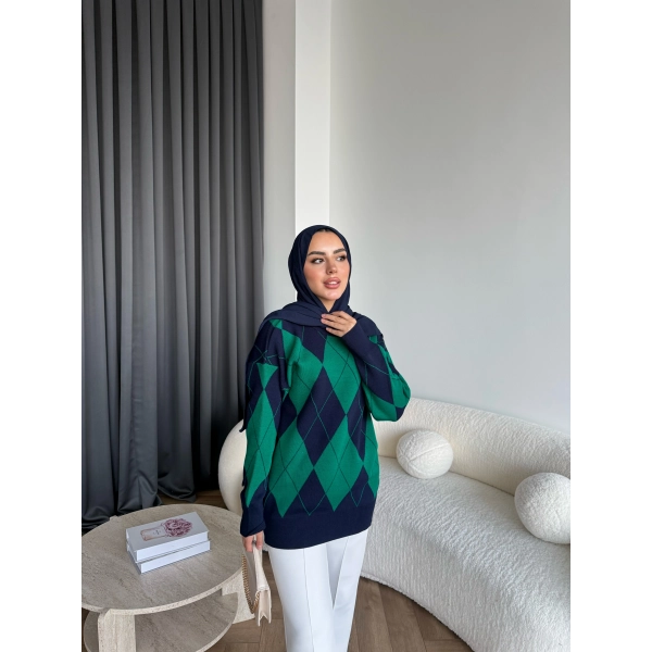 Pls-Baklava Desen Triko Kazak - Yeşil