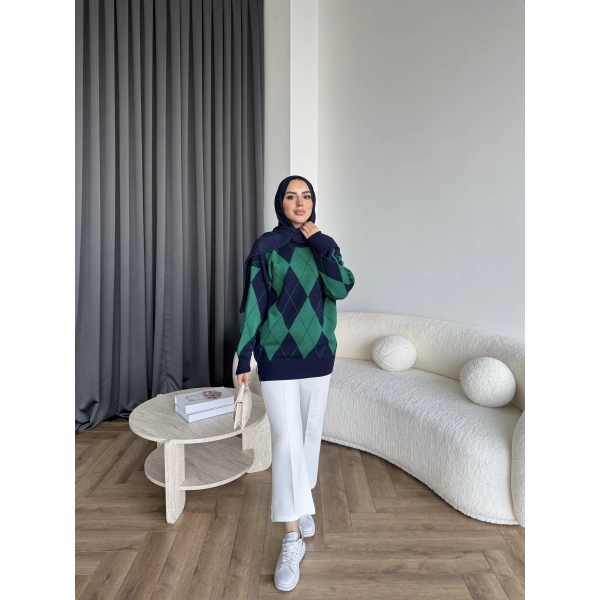 Pls-Baklava Desen Triko Kazak - Yeşil