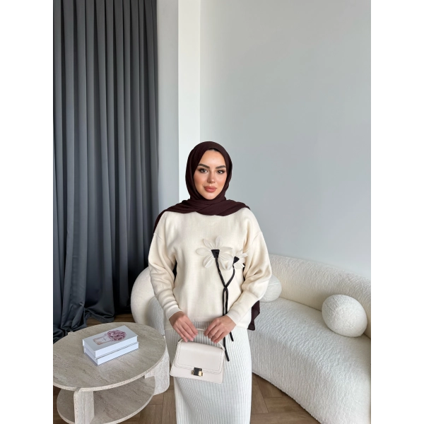 Pls-Çiçek Detay Jile Elbise - Bej