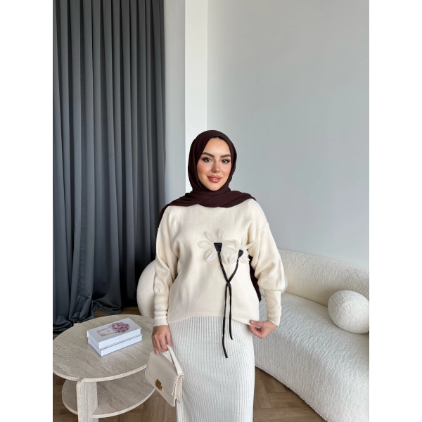 Pls-Çiçek Detay Jile Elbise - Bej