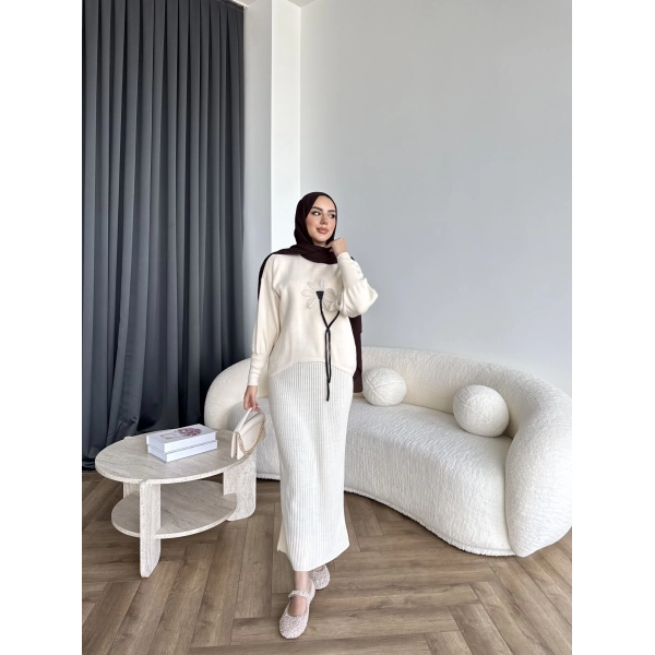 Pls-Çiçek Detay Jile Elbise - Bej