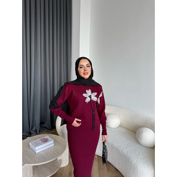 Pls-Çiçek Detay Jile Elbise - Bordo