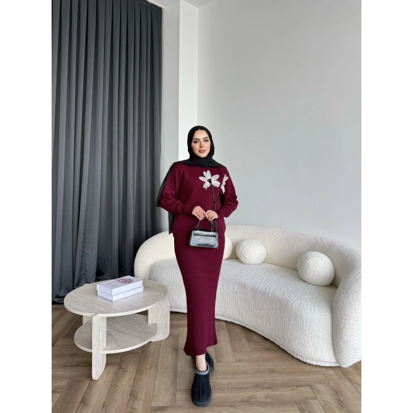 Pls-Çiçek Detay Jile Elbise - Bordo