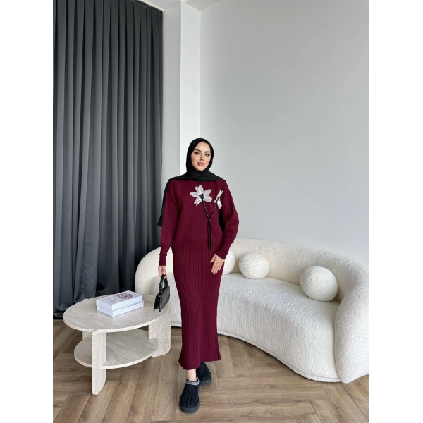 Pls-Çiçek Detay Jile Elbise - Bordo