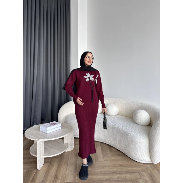 Pls-Çiçek Detay Jile Elbise - Bordo