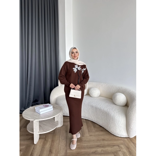 Pls-Çiçek Detay Jile Elbise - Kahve