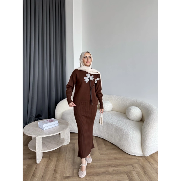 Pls-Çiçek Detay Jile Elbise - Kahve