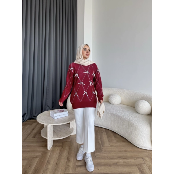 Pls-Kurdele Detay Triko Kazak - Bordo