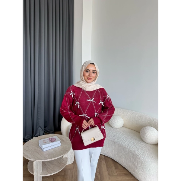 Pls-Kurdele Detay Triko Kazak - Bordo