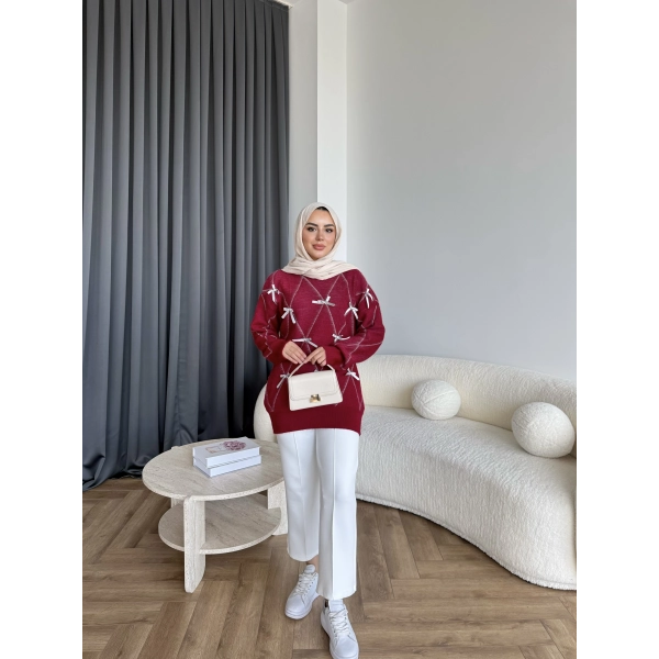 Pls-Kurdele Detay Triko Kazak - Bordo