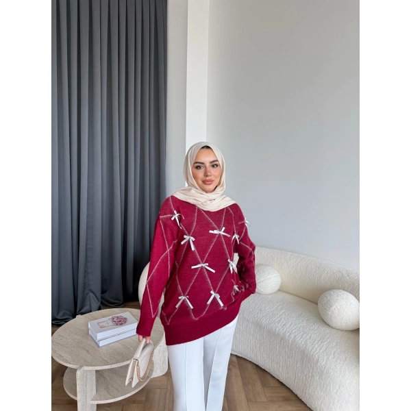 Pls-Kurdele Detay Triko Kazak - Bordo