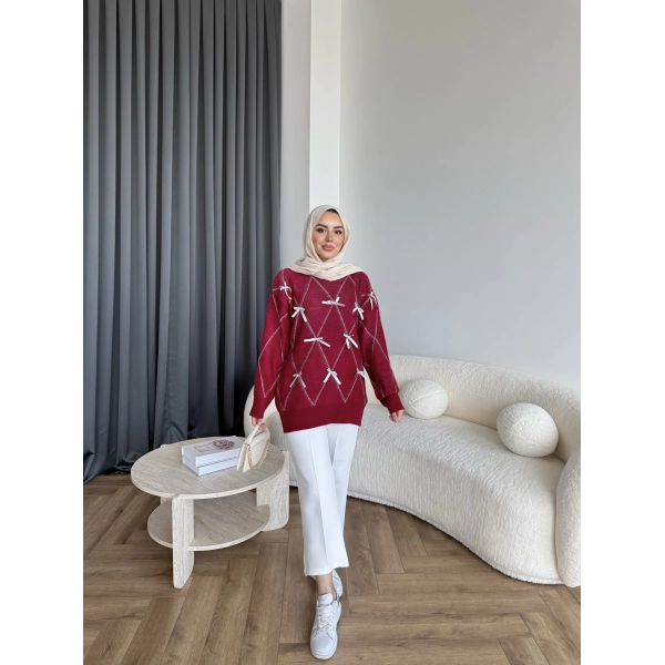 Pls-Kurdele Detay Triko Kazak - Bordo