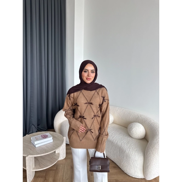 Pls-Kurdele Detay Triko Kazak - Camel