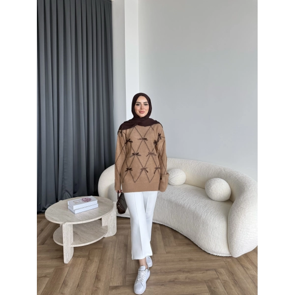 Pls-Kurdele Detay Triko Kazak - Camel