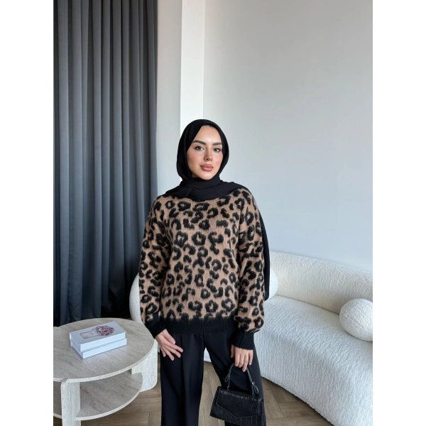 Pls - Leopar Desen Triko Kazak - Koyu