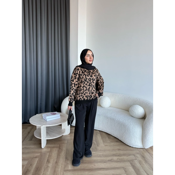 Pls - Leopar Desen Triko Kazak - Koyu