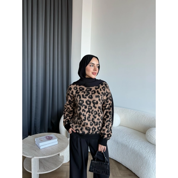 Pls - Leopar Desen Triko Kazak - Koyu