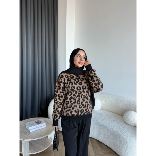 Pls - Leopar Desen Triko Kazak - Koyu