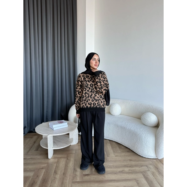Pls - Leopar Desen Triko Kazak - Koyu