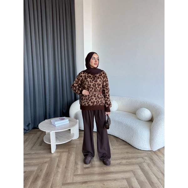 Pls-Leopar Desen Triko Kazak - Açık