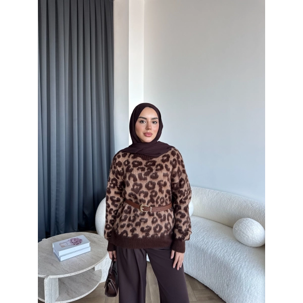 Pls-Leopar Desen Triko Kazak - Açık