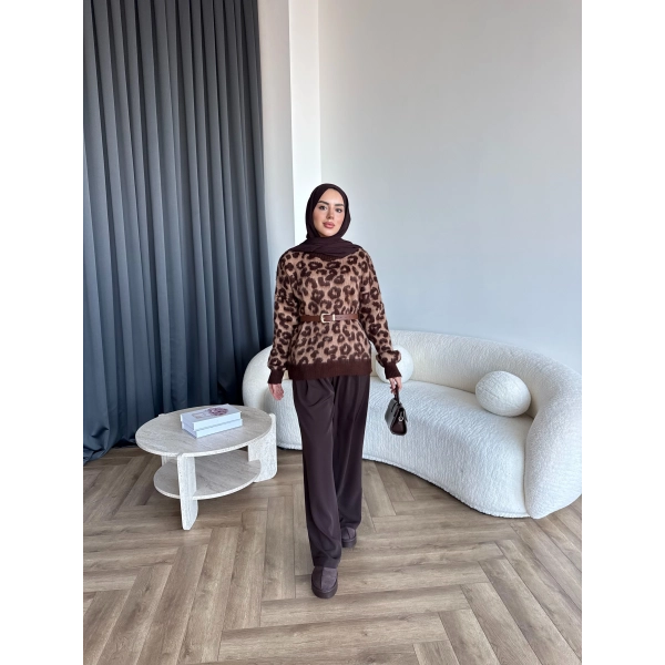 Pls-Leopar Desen Triko Kazak - Açık