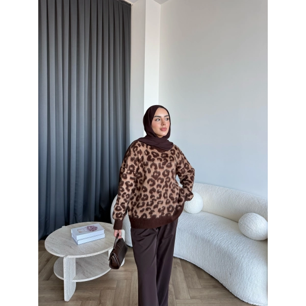 Pls-Leopar Desen Triko Kazak - Açık