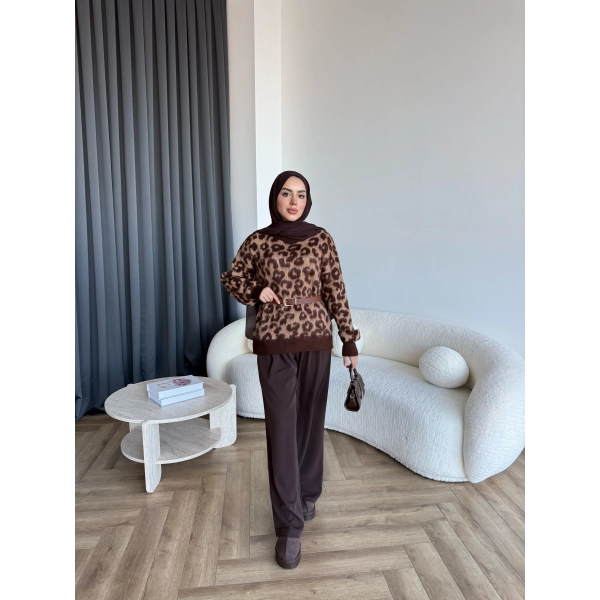 Pls-Leopar Desen Triko Kazak - Açık