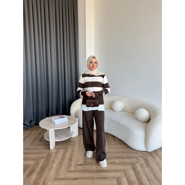 Pnd- Dianas Çizgili Triko Takım - Kahve