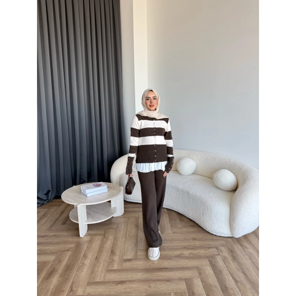 Pnd- Dianas Çizgili Triko Takım - Kahve