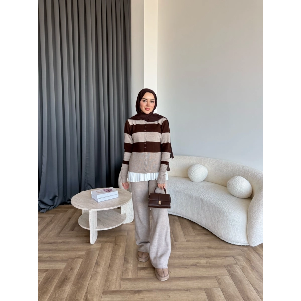 Pnd- Dianas Çizgili Triko Takım - Vizon